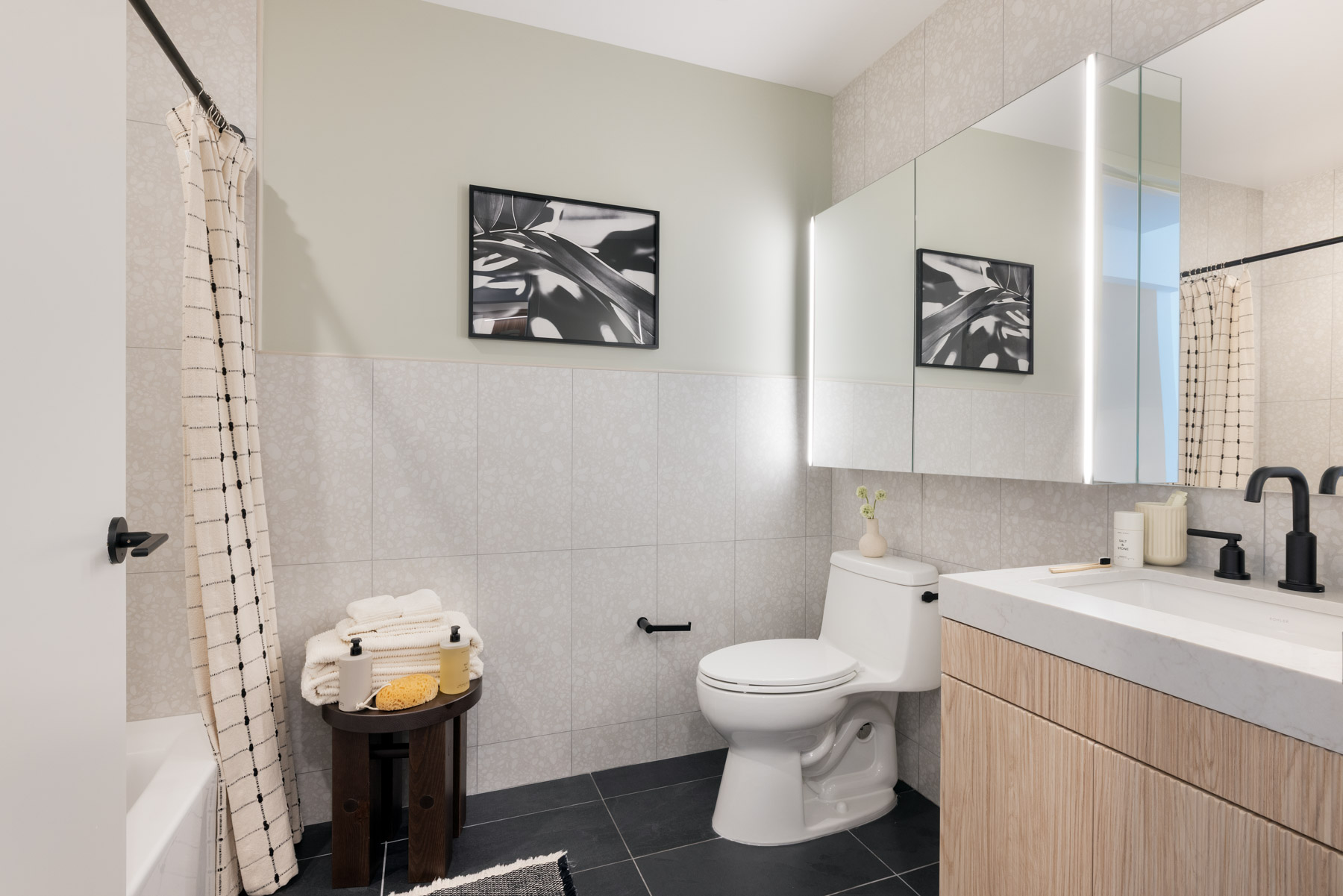 Bathroom detail showing toilet, Black Porcelain Large-Format Tiled Flooring Riviera White Ceramic Wet Walls and Medicine Cabinets with Accent Lighting