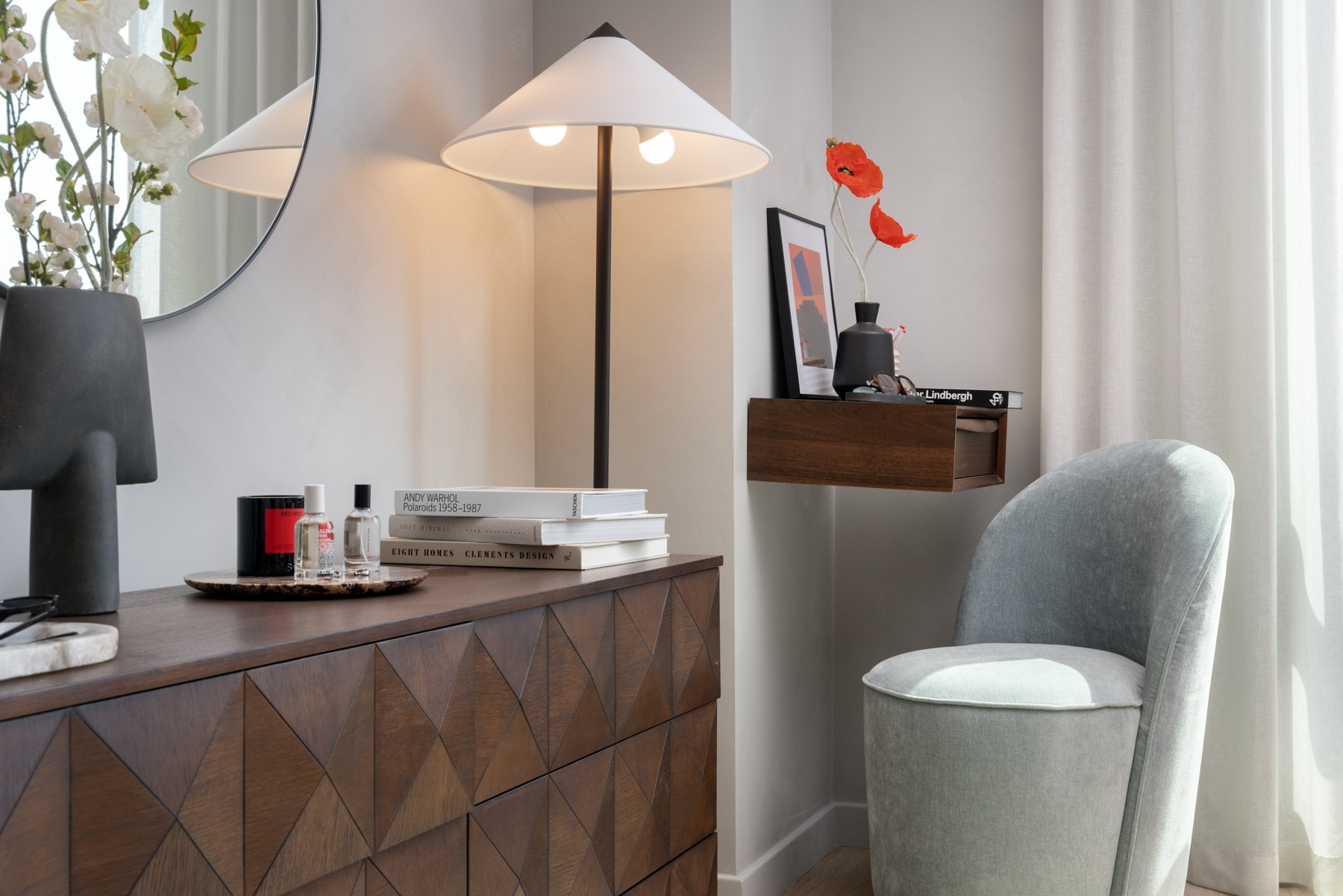 Detail of media cabinet and decor