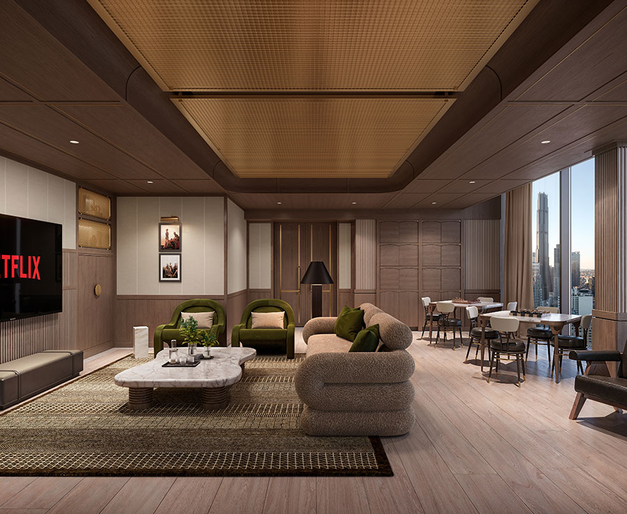 Modern media lounge with several seating options