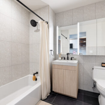 Modern bathroom with bath/tub combo, Light Wood Laminate, white tub with dark fixtures