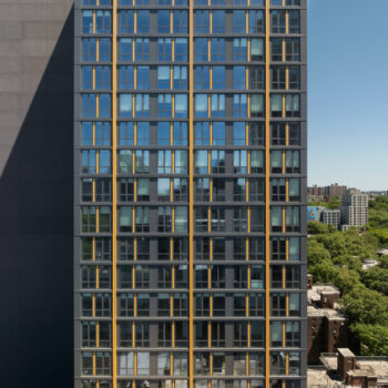 Mid-range exterior shot of the high-rise building's grid-like windows and vertical gold columns, casting a sharp shadow along its matte gray side wall, with lush city park trees visible in the background.